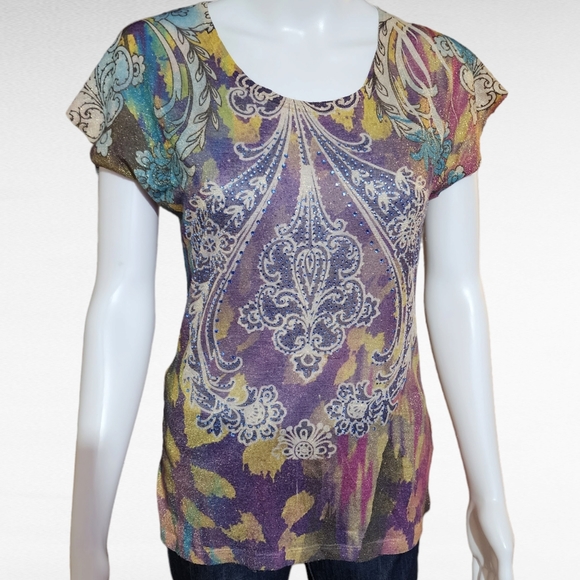 Daytrip Purple Yellow Geo Rhinestone  Metallic Crewneck Tee Size Small - Picture 1 of 7
